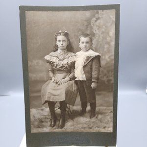 Antique Millers Studio Cabinet Card, Brother and Sister in Victorian Finery